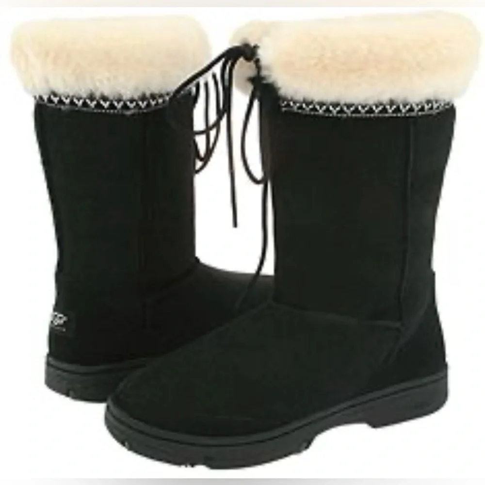UGG Ultimate‎ Cuff Leather Shearling Winter Snow Boots Black Women Size 8